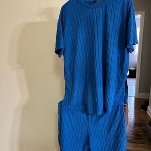 Blue Ribbed Short Sleeve Top and Shorts Set